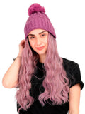 FabSeasons Winter Purple skull cap with Pom Pom & a Detachable Wavy Wig for Girls & Women