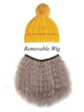 FabSeasons Winter Yellow skull cap with Pom-Pom & a Detachable Curly shaped Wig for Girls & Women