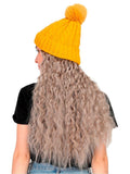 FabSeasons Winter Yellow skull cap with Pom-Pom & a Detachable Curly shaped Wig for Girls & Women