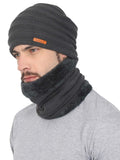 FabSeasons Unisex Dark grey Acrylic Woolen Beanie & Muffler with faux fur lining