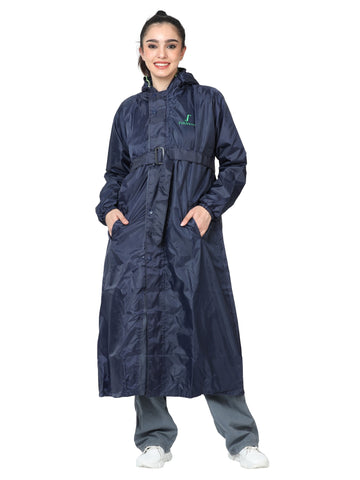 FabSeasons Waterproof Long / Full Raincoat for women with adjustable Hood and Reflector at back for Night visibility. Pack contains Top and Storage Bag