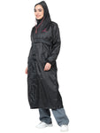 FabSeasons Waterproof Long / Full Raincoat for women with adjustable Hood and Reflector at back for Night visibility. Pack contains Top and Storage Bag