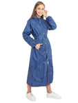 FabSeasons Blue Dots Long Raincoat for women with adjustable Hood and Reflector at back for Night visibility