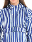 FabSeasons Blue stripes Long Raincoat for women with adjustable Hood & Reflector at back for Night visibility
