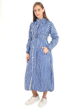 FabSeasons Blue stripes Long Raincoat for women with adjustable Hood & Reflector at back for Night visibility