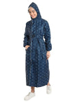 FabSeasons Blue Long Raincoat for women with adjustable Hood & Reflector at back for Night visibility