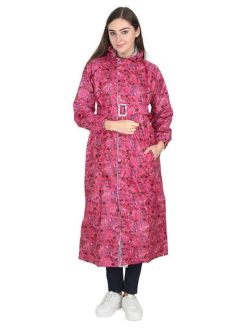 Fabseasons Dark Pink Reversible Raincoat for Women Long -Adjustable Hood & Reflector at back freeshipping - FABSEASONS