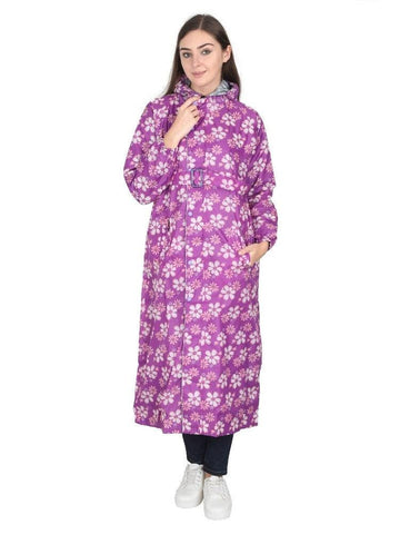 Fabseasons Purple Reversible Raincoat for Women Long- Adjustable Hood & Reflector at back