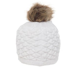 FabSeasons White Acrylic Woolen Winter Cap with Faux Fur Pom Pom on top