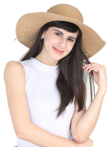 FabSeasons Brown Hello Sunshine Printed Long Brim Beach hat