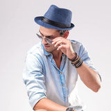 FabSeasons Mens Blue Fedora Hats / Trilby Hat / Straw Sun Hat / Panama Hat