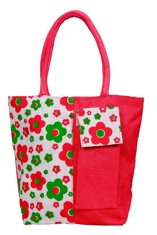 Fabseasons Pink Floral Print Jute Bag with mobile compartment