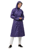 FabSeasons Waterproof polka dots printed Long / Full Raincoat for women with adjustable Hood. Pack contains Top and Storage Bag