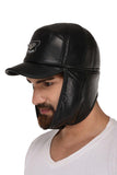 Black Solid Leather Winter Cap