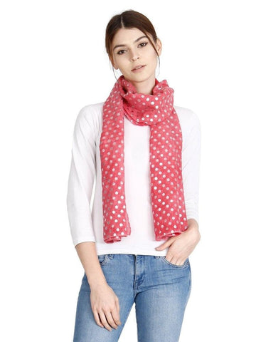 FabSeasons Casual Red Cotton Solid Scarf with Printed Silver Polka Dots