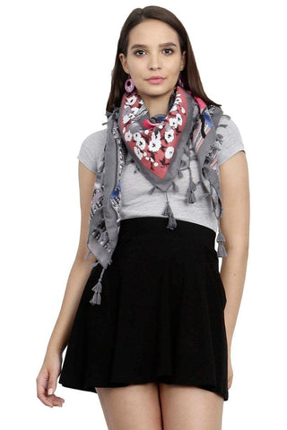 FabSeasons Grey Cotton Floral Printed Soft & Stylish Square Scarf