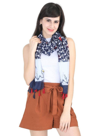 FabSeasons Navy Anchor Printed Cotton Scarf for Summer & Winter