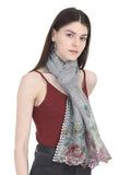 FabSeasons Grey Cotton Stylish Scarf with Floral Embroidery for Women