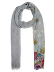 FabSeasons Grey Cotton Stylish Scarf with Floral Embroidery for Women
