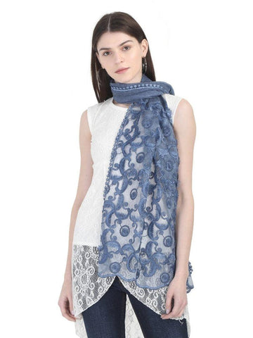 FabSeasons Blue Cotton Stylish Scarves with Embroidery for Women freeshipping - FABSEASONS