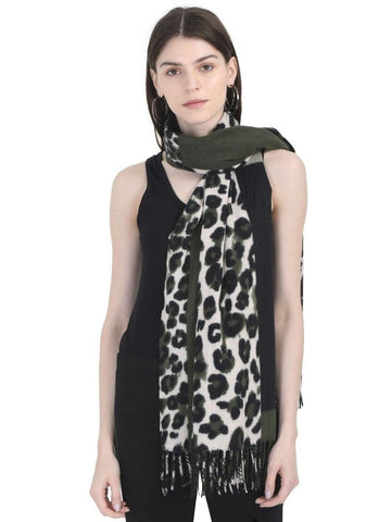 FabSeasons Dark Green Leopard Printed Acrylic Woolen Scarf For Women