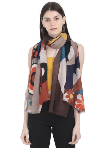 FabSeasons Stylish Brown Abstract Printed Cotton Scarves for Summer & Winter