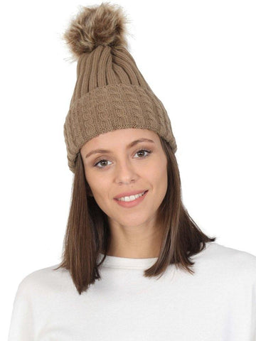 FabSeasons Acrylic Brown Woolen Winter skull cap with Pom Pom for Girls & Women
