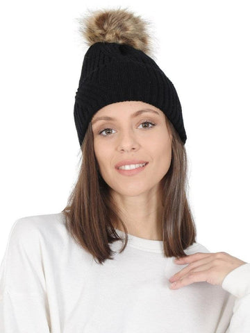 FabSeasons Black Acrylic Woolen Winter skull cap with Pom Pom for Girls & Women