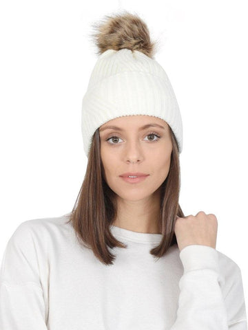 FabSeasons White Acrylic Woolen Winter skull cap with Pom Pom for Girls & Women