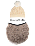 FabSeasons Winter Beige skull cap with Pom Pom & a Detachable Wig for Girls & Women