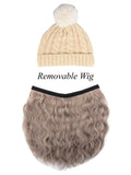 FabSeasons Winter Beige skull cap with Pom Pom & a Detachable Wig for Girls & Women