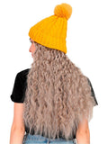 FabSeasons Winter Yellow skull cap with Pom-Pom & a Detachable Curly shaped Wig for Girls & Women