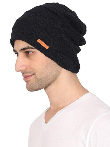 Fabseasons Black Acrylic Woolen Winter Beanie - skull cap
