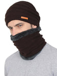 FabSeasons Unisex Dark brown Acrylic Woolen Beanie & Muffler with faux fur lining