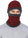 FabSeasons Unisex Maroon Acrylic Woolen Beanie & Muffler with faux fur lining