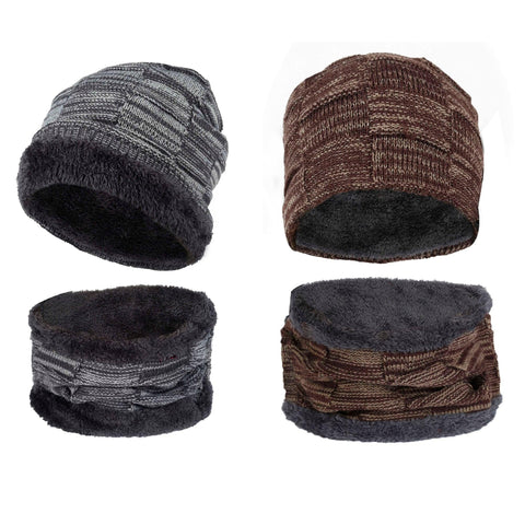 FabSeasons Unisex Acrylic Woolen Beanie & Muffler with faux fur lining, Pack of 2