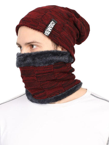 FabSeasons Unisex Maroon Acrylic Woolen Beanie & Muffler with faux fur lining